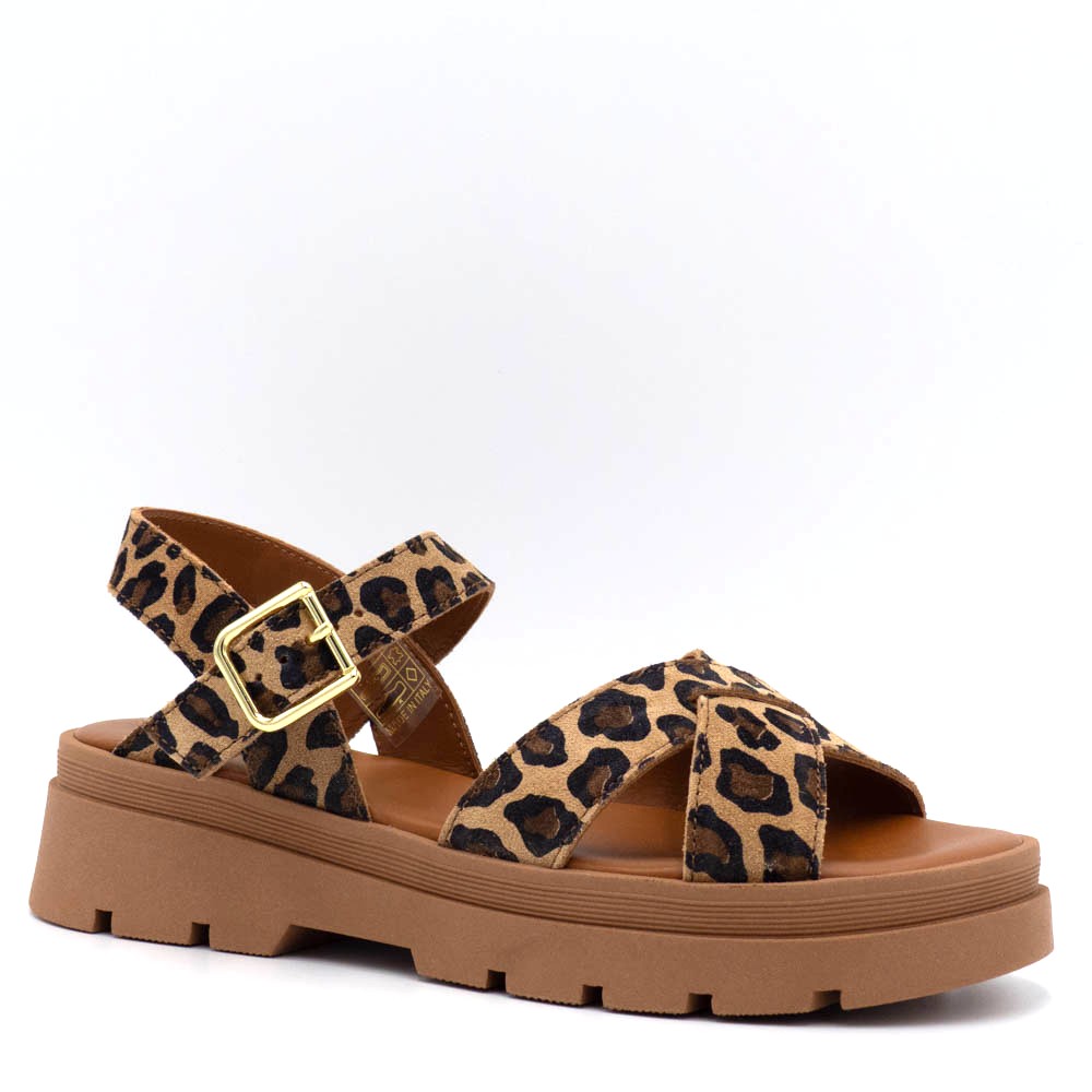 Sandale femme Reqins Louisa velours lépard camel